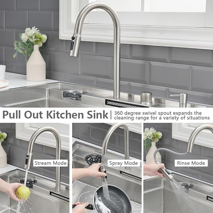 33 Inch Drop In Kitchen Sink Workstation-VASOYO 33x22 Waterfall Kitchen Sink Drop In Stainless Steel Topmount Kitchen Sink 16 Gauge Single Bowl Deep Smart Sinks with Faucet Combo