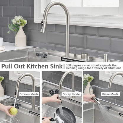 33 Inch Drop In Kitchen Sink Workstation-VASOYO 33x22 Waterfall Kitchen Sink Drop In Stainless Steel Topmount Kitchen Sink 16 Gauge Single Bowl Deep Smart Sinks with Faucet Combo