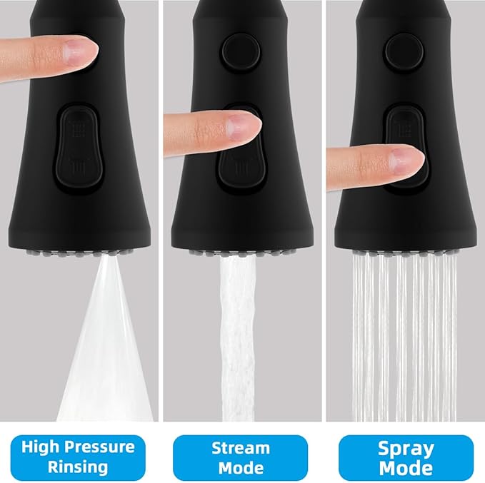 Hibbent Pull Down Kitchen Faucet Head Replacement, 3-Function NSF/ANSI/CAN 61 & CUPC Certified Sink Spray Nozzle, 15 Adapters, Compatible with Moen, Delta, Kohler Faucets, Matte Black