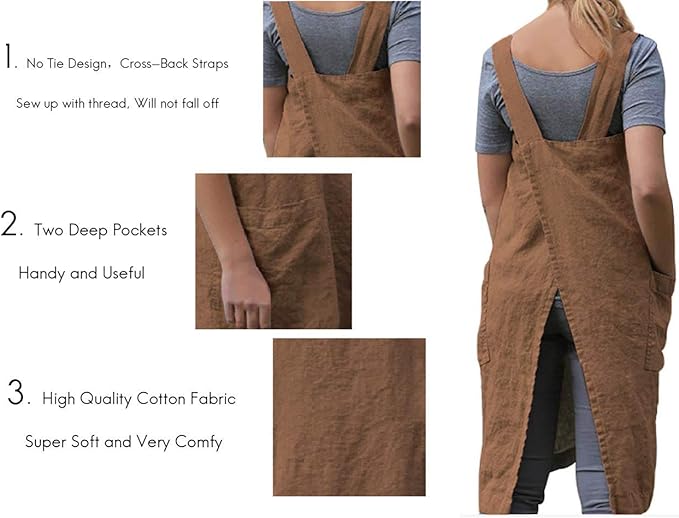 Larmliss Women's Pinafore Square Apron Baking Cooking Gardening Works Cross Back Cotton/Linen Blend Dress with 2 Pockets
