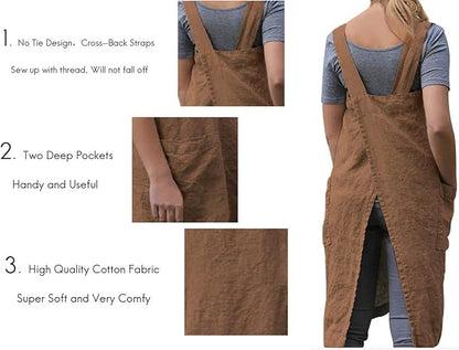 Larmliss Women's Pinafore Square Apron Baking Cooking Gardening Works Cross Back Cotton/Linen Blend Dress with 2 Pockets