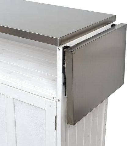 MERITLINE Foldable Outdoor Kitchen Island with Stainless Steel Top & Fir Wood Frame, Adjustable Hidden Shelf & Two-Tier Rack, Lockable Casters for Patio, Garden, Balcony, White