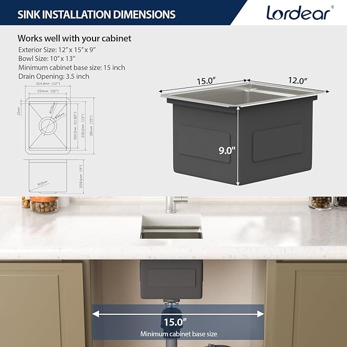 Lordear 12 Inch Undermount Bar Sink Workstation 16 Gauge T304 12 x 15 Stainless Steel Bar Kitchen Prep Single Bowl Small Kitchen Sink with Cutting Board