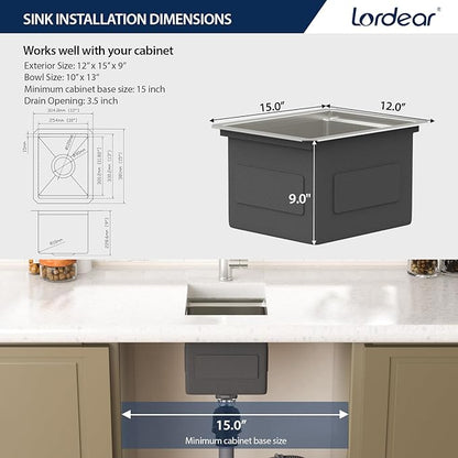 Lordear 12 Inch Undermount Bar Sink Workstation 16 Gauge T304 12 x 15 Stainless Steel Bar Kitchen Prep Single Bowl Small Kitchen Sink with Cutting Board
