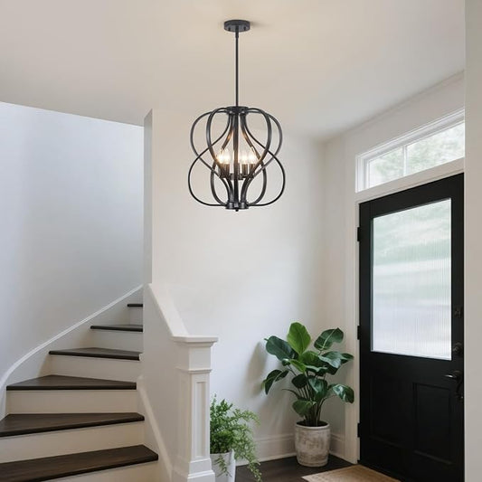 18.5 inch Modern Farmhouse Chandelier for Dining Room, 5-Light Black Chandelier with Metal Cage Adjustable Industrial Drum Hanging Pendant Lights for Kitchen Island Entryway Hallway Bedroom Foyer