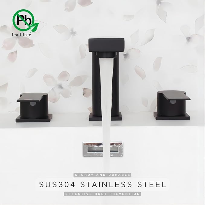 Black Bathroom Faucet 3 Hole Widespread Bathroom Faucet 8 Inch with Sink Pop Up Drain with Overflow Set Two Handles SUS304 Stainless Steel Vanity Faucets 8-12 Inches Matte Black, SFD4+SD-BK