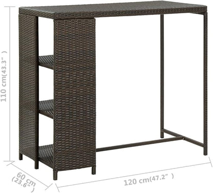 Bar Table Brown Rectangular Counter Height Dining Table with Storage, PE Rattan Steel Frame 47.2 x 23.6 x 43.3 Inches for Small Kitchen Island Outdoor Patio Modern Narrow Spaces