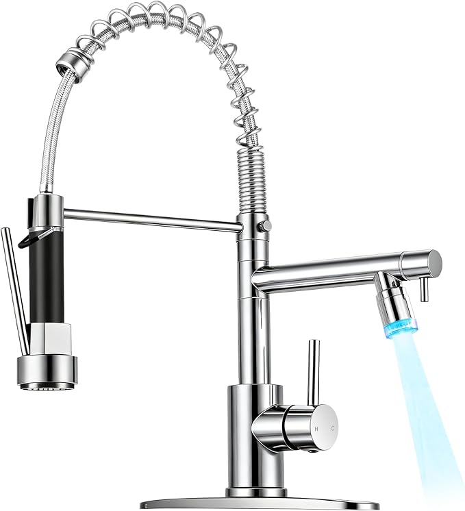 LED Kitchen Faucet with Pull Down Sprayer - Chrome Single Handle Commercial Kitchen Faucets, 2-Spout Kitchen Sink Faucet, Stainless Steel Spring Pull Out Sink Faucet 1/3 Hole