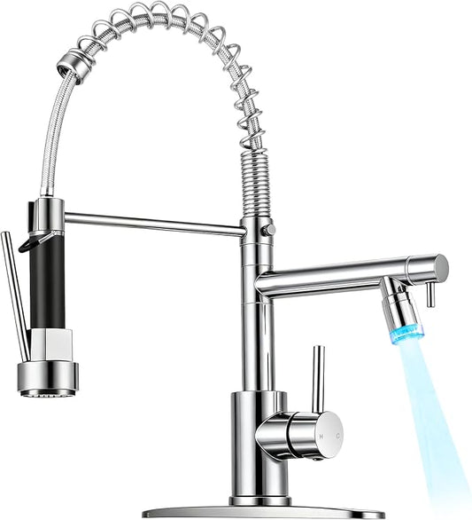 LED Kitchen Faucet with Pull Down Sprayer - Chrome Single Handle Commercial Kitchen Faucets, 2-Spout Kitchen Sink Faucet, Stainless Steel Spring Pull Out Sink Faucet 1/3 Hole