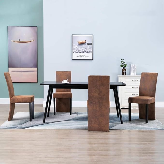 Dining Chairs 4 Pcs Brown Faux Suede Leather Modern Farmhouse Kitchen Chairs with Wooden Legs, Comfortable Accent Furniture for Dining Room Living Room Bedroom