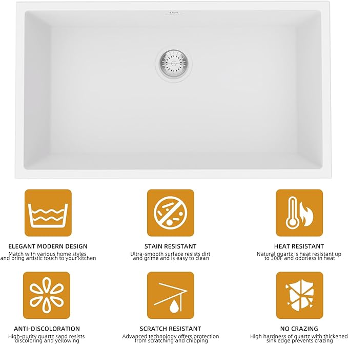 Quartz Kitchen Sink, 32 Inch White Undermount Kitchen Sinks, Deep Single Bowl Granite Composite Sink, Modern Sinks Providing Complete Accessories, Spacious Workspace and Easy Cleaning