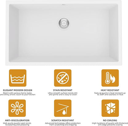 Quartz Kitchen Sink, 32 Inch White Undermount Kitchen Sinks, Deep Single Bowl Granite Composite Sink, Modern Sinks Providing Complete Accessories, Spacious Workspace and Easy Cleaning
