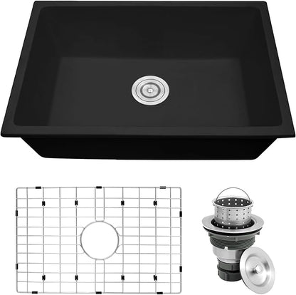 Rhbamoa 28 Inch Black Composite Kitchen Sink,Matte Black Undermount Granite Kitchen Sinks Single Bowl,9 Inch Depth Quartz Sink with Accessories