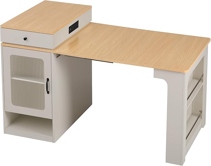 Modern Dining Table Kitchen Island with Extendable Table, Double-Sided, 2 Drawers, Power Outlet, Side Open Shelves, Wood Counter, Console,White-Wood