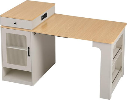 Modern Dining Table Kitchen Island with Extendable Table, Double-Sided, 2 Drawers, Power Outlet, Side Open Shelves, Wood Counter, Console,White-Wood