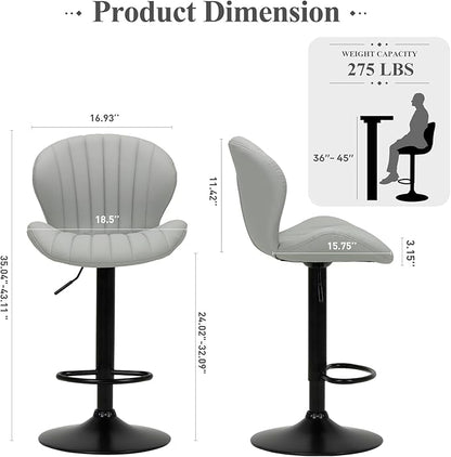 COLAMY Bar Stools Set of 2, Modern Swivel Bar Chairs, Adjustable Faux Leather Upholstered Barstools Counter Height with High Backrest for Bar, Kitchen Island, Dining Room, Grey