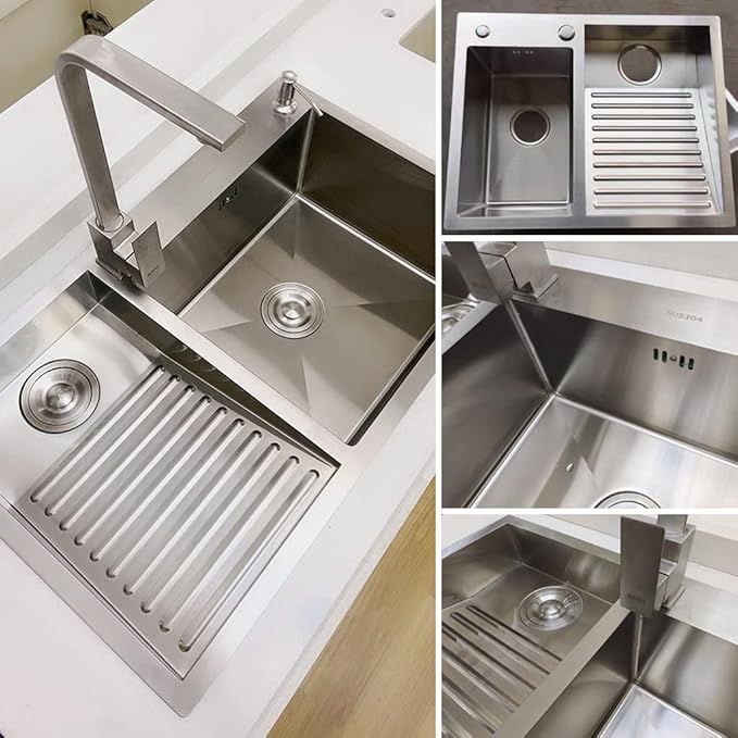 Laundry Utility Sink With Washboard Stainless Steel Kitchen Sink Household Pool Balcony Room Wash Basin Easy Clean Double-Bowl (600mm/23.6Inch)