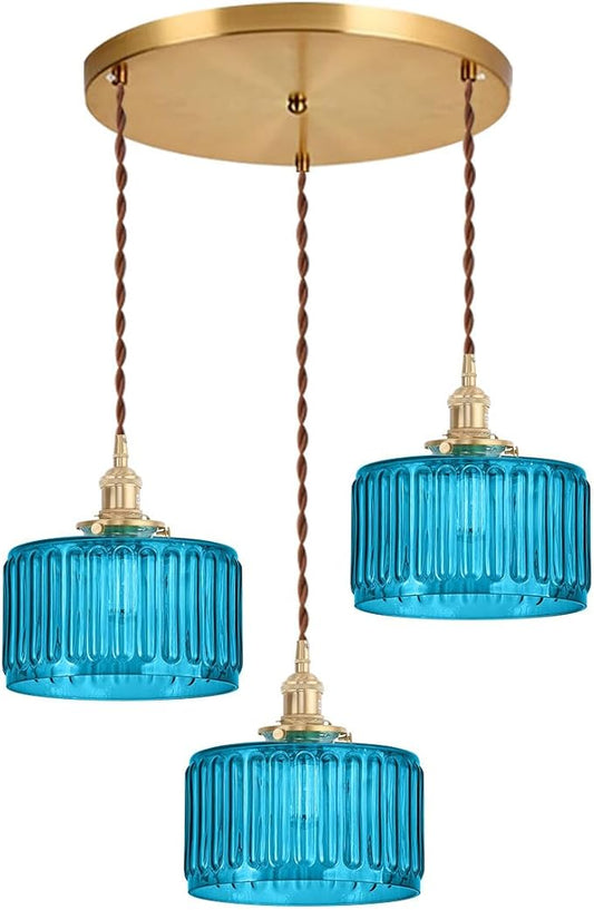 Mid Century 3-Light Blue Glass Chandelier Globe Cluster Chandeliers with Striped Round Shade Modern Large Glass Ceiling Pendant Light Fixtures for Kitchen Island Staircase Dining Room