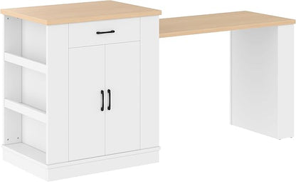 SOFTSEA Extendable Dining Table with Drawer & Shelves, 33" to 80" Kitchen Island Table with USB Ports, Foldable Kitchen Cabinet for Dining Room Living Room, White & Natural