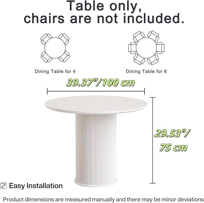 MIXL-Mid Century Modern Round Dining Table,40 Inches Dining Room Tables with Cylinder Base, White Dinner Table for 4 People, Farmhouse Circle Kitchen Tables for Dining Room, Kitchen and Apartment
