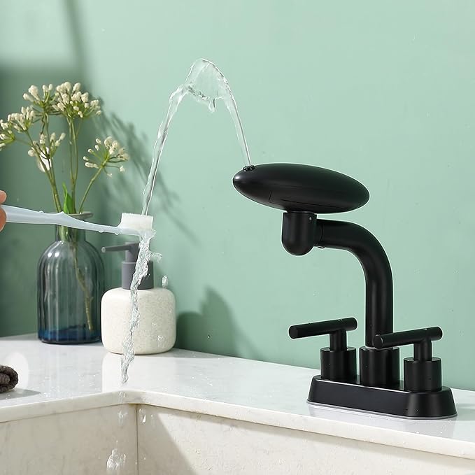 TUTEW Bathroom Sink Faucet 3 Hole Matte Black 4 Inch Centerset，4 Modes Waterfall Bathroom Faucet 2 Handle with 360° Swivel Spout & Pop Up Drain