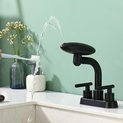 TUTEW Bathroom Sink Faucet 3 Hole Matte Black 4 Inch Centerset，4 Modes Waterfall Bathroom Faucet 2 Handle with 360° Swivel Spout & Pop Up Drain