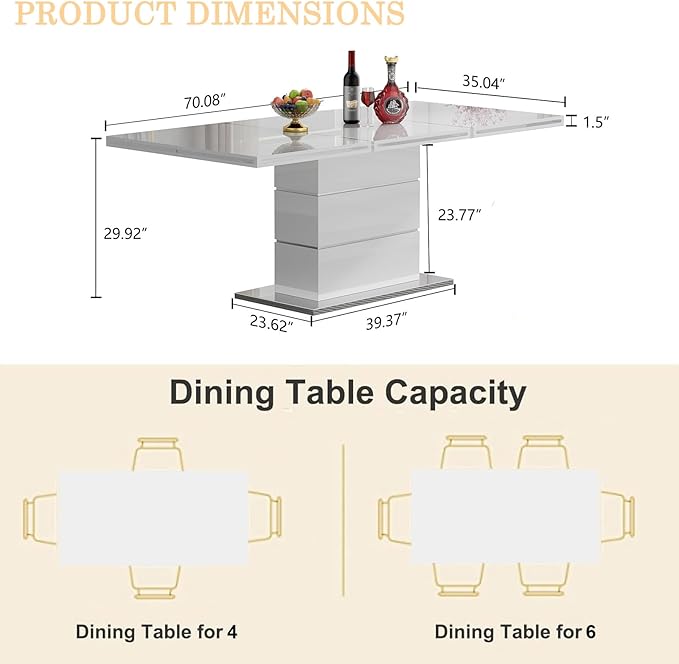 70" White Dining Table for 4 6, Modern Glossy Kitchen Table with 1.5" Thick Lacquered Tabletop and Silver Stainless Steel Trim, Luxury Rectangular Dinner Tables for Dining Room