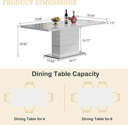 70" White Dining Table for 4 6, Modern Glossy Kitchen Table with 1.5" Thick Lacquered Tabletop and Silver Stainless Steel Trim, Luxury Rectangular Dinner Tables for Dining Room