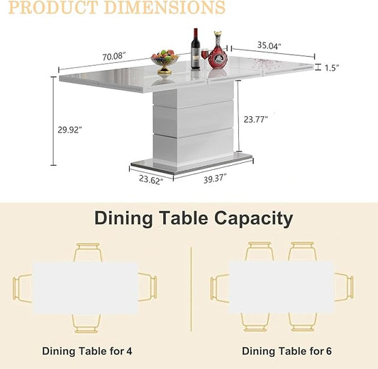 70" White Dining Table for 4 6, Modern Glossy Kitchen Table with 1.5" Thick Lacquered Tabletop and Silver Stainless Steel Trim, Luxury Rectangular Dinner Tables for Dining Room