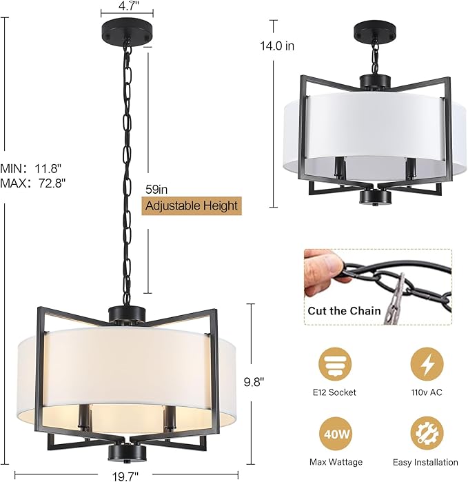 19.7" Drum Pendant Light Fixture, 4 Light Drum Chandelier with Wihte Fabric Lampshade, Farmhouse Kitchen Island Chandeliers over Table Black Hanging Lights Fixture for Dining Room Bedroom Living Room