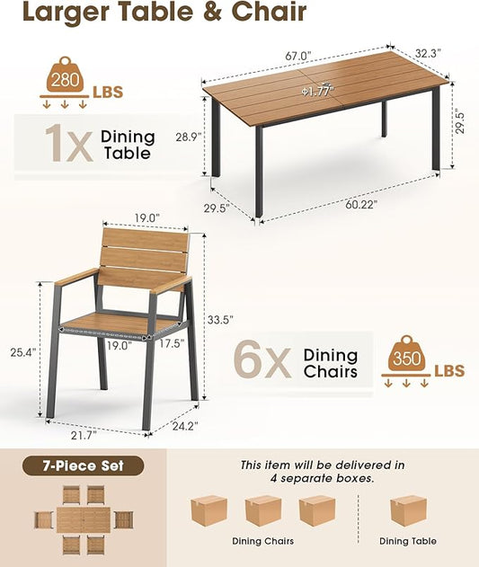 Outdoor Dining Set, Aluminum Patio HDPS Outdooor Table and Chairs Set with Umbrella Hole, All Weather Patio Furniture Set, Patio Dining Table Set,Gray & Teak,7 Pieces