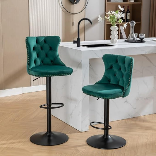 Modern Swivel Bar Stool with Adjustable Height and Tufted Upholstered Backrest for Kitchen Island, Home Bar, or Dining Area (Green + Velvet + Foam-1)