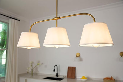 Pathson 3 Lights Brass Pendant Light with Fabric Lampshades, Rustic Cloth Pendant Lighting Lamp E26 Bulb Base, Flush Mounted Ceiling Chandeliers for Dining Room Kitchen Island Living Room