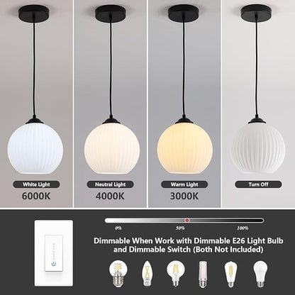 Contemporary Modern Pendant Lights Black Globe Pendant Lights Kitchen Island Vintage Milk White Glass Pendant Lighting Unique Ribbed Glass Ceiling Pendant Light (2 Pack)