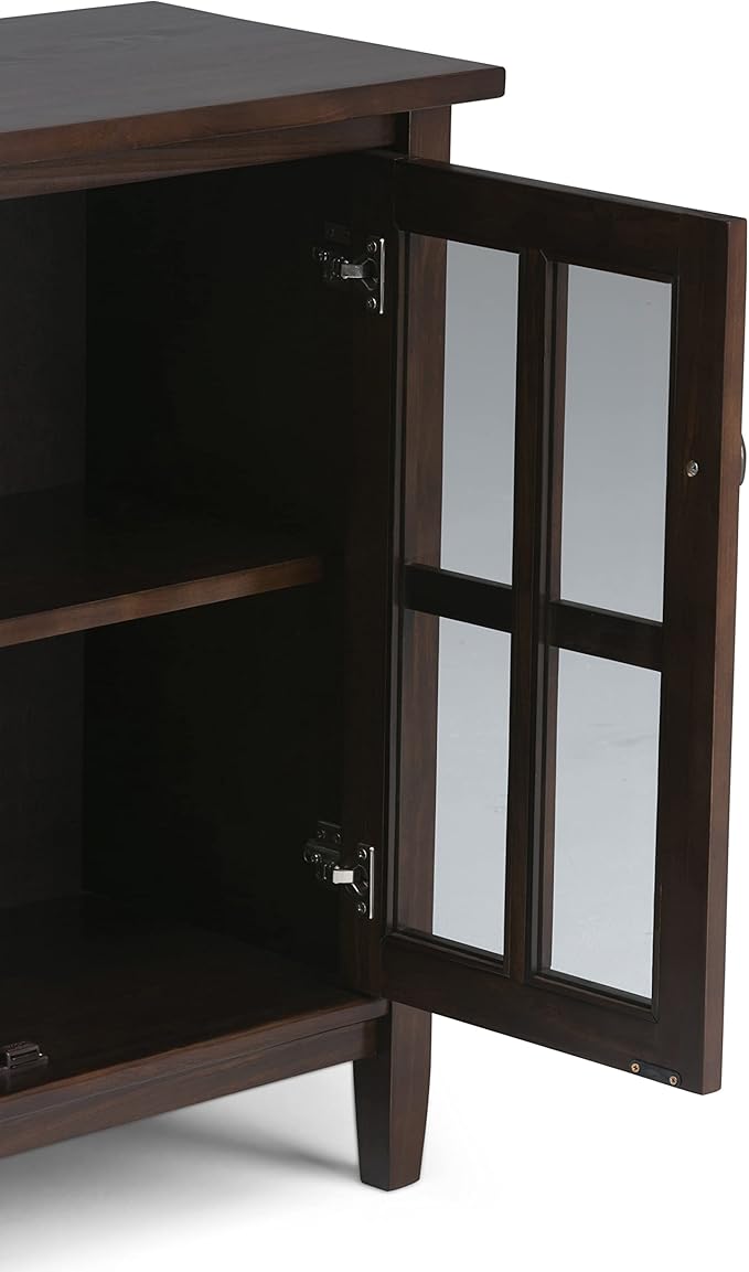 SIMPLIHOME Warm Shaker Storage Cabinet - 32 inch Wide Solid Wood 2-Shelf Low Storage Cabinet in Tobacco Brown, Transitional Accent Cabinet for Entryway with Tempered Glass Doors and Shelves