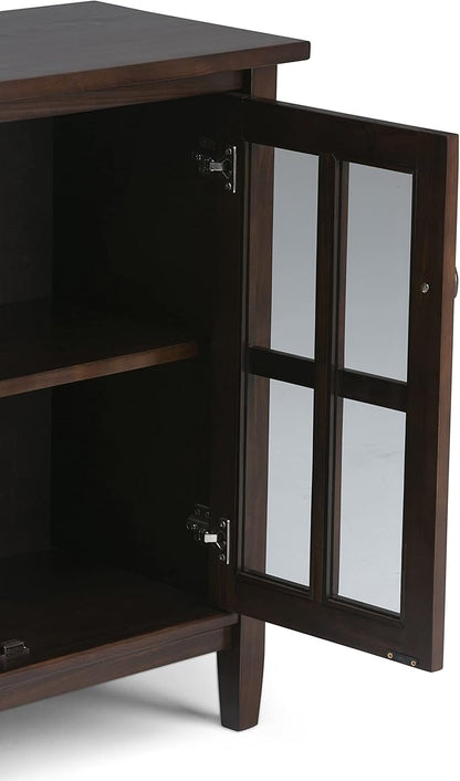 SIMPLIHOME Warm Shaker Storage Cabinet - 32 inch Wide Solid Wood 2-Shelf Low Storage Cabinet in Tobacco Brown, Transitional Accent Cabinet for Entryway with Tempered Glass Doors and Shelves