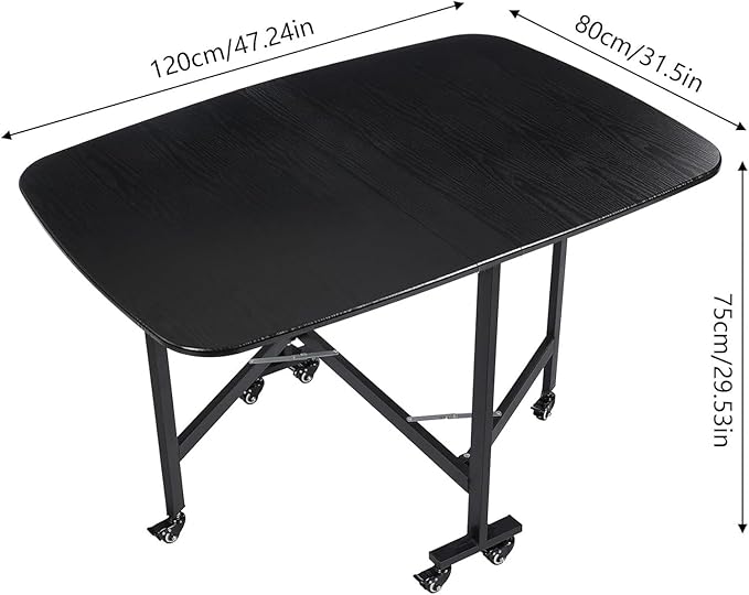 Folding Dining Table, Moveable Kitchen Desk with Wheels, Foldable Dining Table, Space Saving Desk, for Restaurant Room, Kitchen, Living Room, Rustic and Black, Drop Leaf Dining Table with 6 Wheels