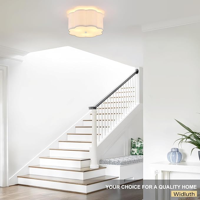 Modern Drum Semi Flush Mount Ceiling Light Fixture Modern 12.99” White 3-Lights Drum Ceiling Lighting Vintage Linen Ceiling Lamp for Kitchen, Basement, Dining Room, Bedroom, Laundry Room