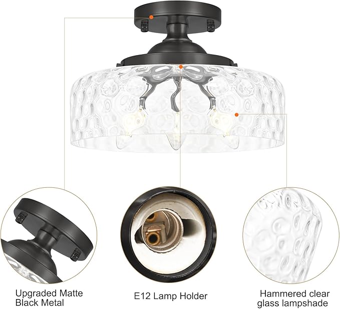 Daunton Black Semi Flush Mount Ceiling Light, 3-Light Ceiling Light with Hammered Glass, Vintage Hallway Lights, Closet Light Fixture, Kitchen Flush Ceiling Mount for Entryway Bedroom Bathroom,E12