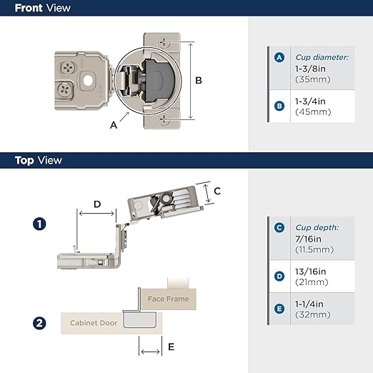 Amerock 2 Pack 1-1/4 inch Overlay Soft-Closing Compact Concealed Hinge for Face Frame Cabinet, 105-degree Opening Angle with 3-Way adjustability