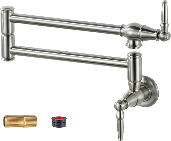 Pot Filler Faucet Brushed Nickel: Solid Brass Wall Mount Heavy Duty Stove Pot Filler with Double Joint Swing Arms - Single Hole Commercial Folding Stretchable Faucet 2 Handles for Kitchen Restaurant