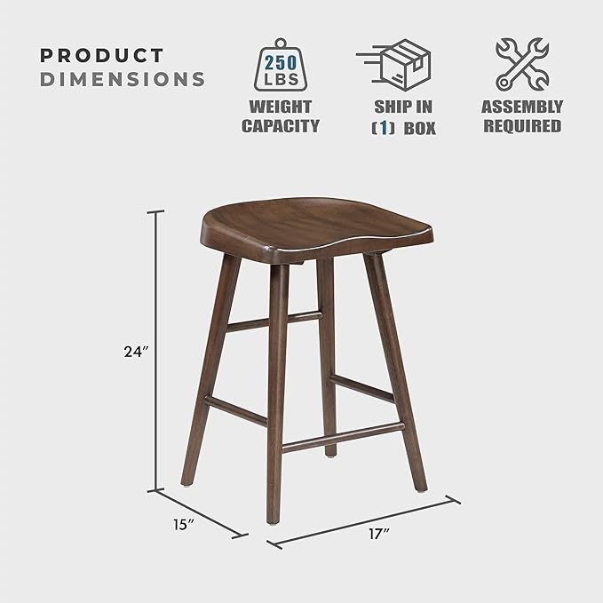 Lexicon Counter Height Stools Set of 2, Sturdy Acacia Wood Frame Saddle Seat Bar Chairs, Rustic Backless Kitchen Island Seating for Dining Room, Home Bar, Breakfast Nook, Brown