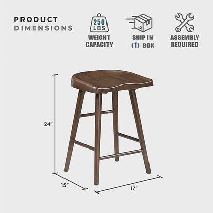 Lexicon Counter Height Stools Set of 2, Sturdy Acacia Wood Frame Saddle Seat Bar Chairs, Rustic Backless Kitchen Island Seating for Dining Room, Home Bar, Breakfast Nook, Brown