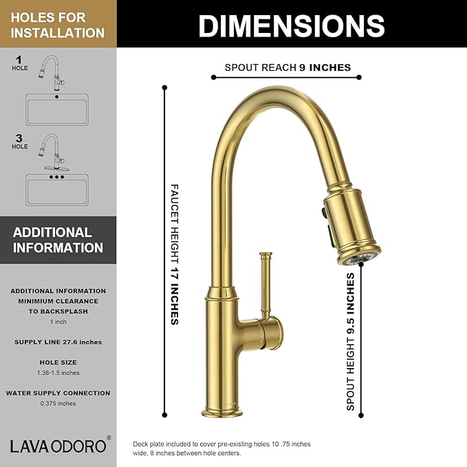 Lava Odoro Curtura Gold Kitchen Faucet with Pull Down Sprayer, Single Handle Kitchen Sink Faucet with Magnetic Docking Spray 3-Function, Brass Faucet for Kitchen Sink 1 Hole and 3 Hole, KF421-SG-M
