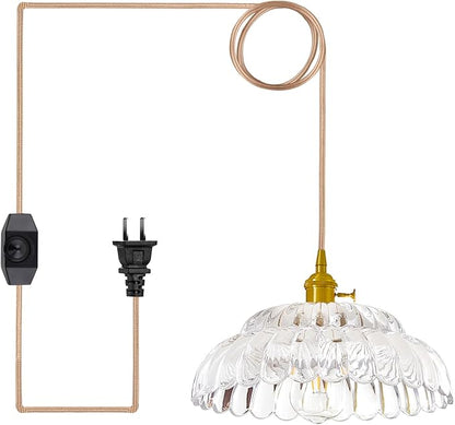 Plug in Pendant -11.8'Light Hanging Lights with in Cord Mid Century Modern Gold Hanging Lamp Flower Glass Amber Vintage Dimmable Chandelier Ceiling Fixture for Living Room,Kitchen, (CT)