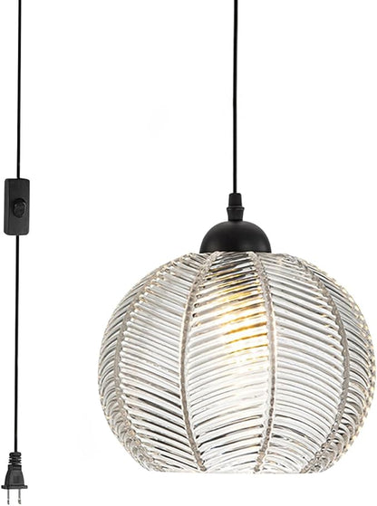 Glass Globe Plug in Pendant Light 7.9″ Clear Ribbed Glass Shade Modern Pendant Light 14.7ft Plug in Cord Vintage Hanging Lights Fixtures Boho Swag Lamp Cord for Living Room Kitchen