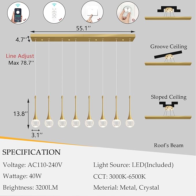Rectangular Crystal Pendant Lights for Kitchen Island 8 Light Dimmable Crystal Chandelier Lighting Fixtures with Remote for Dining Room Living Room Gold