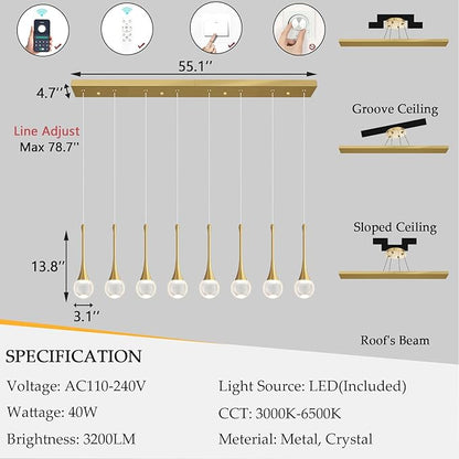 Rectangular Crystal Pendant Lights for Kitchen Island 8 Light Dimmable Crystal Chandelier Lighting Fixtures with Remote for Dining Room Living Room Gold