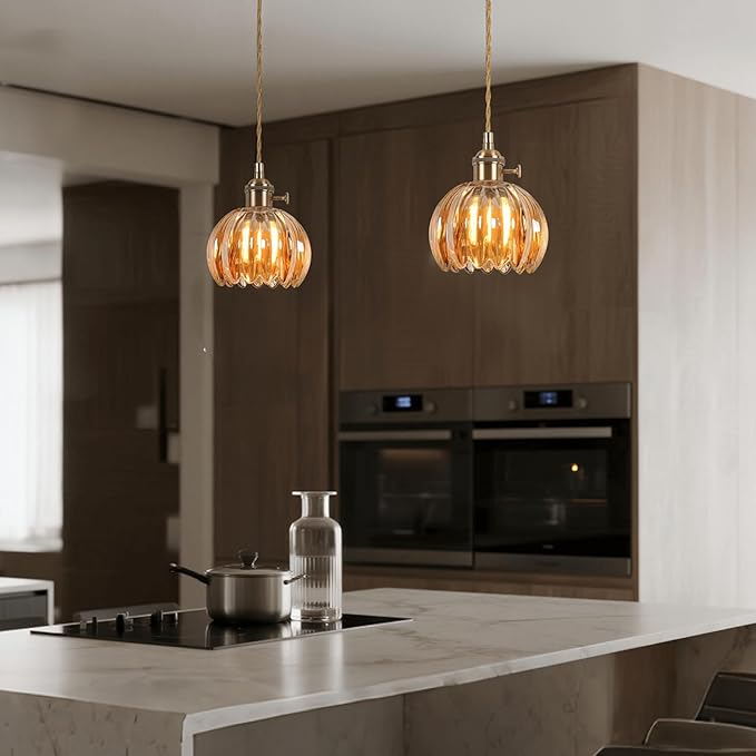 Mini Flower Hanging Lamp Plug in Pendant Light Fixtures, 15Ft Amber Glass Pendant Lights Kitchen Island Dining Room Bedroom Living Room, LED Bulb Included