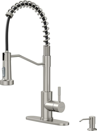 AIMADI Kitchen Faucet with Soap Dispenser and Pull Down Sprayer,Spring High Arc Design Stainless Steel Sink Faucet Single Handle 1 or 3 Hole Farmhouses,RV,Laundry,Outdoor
